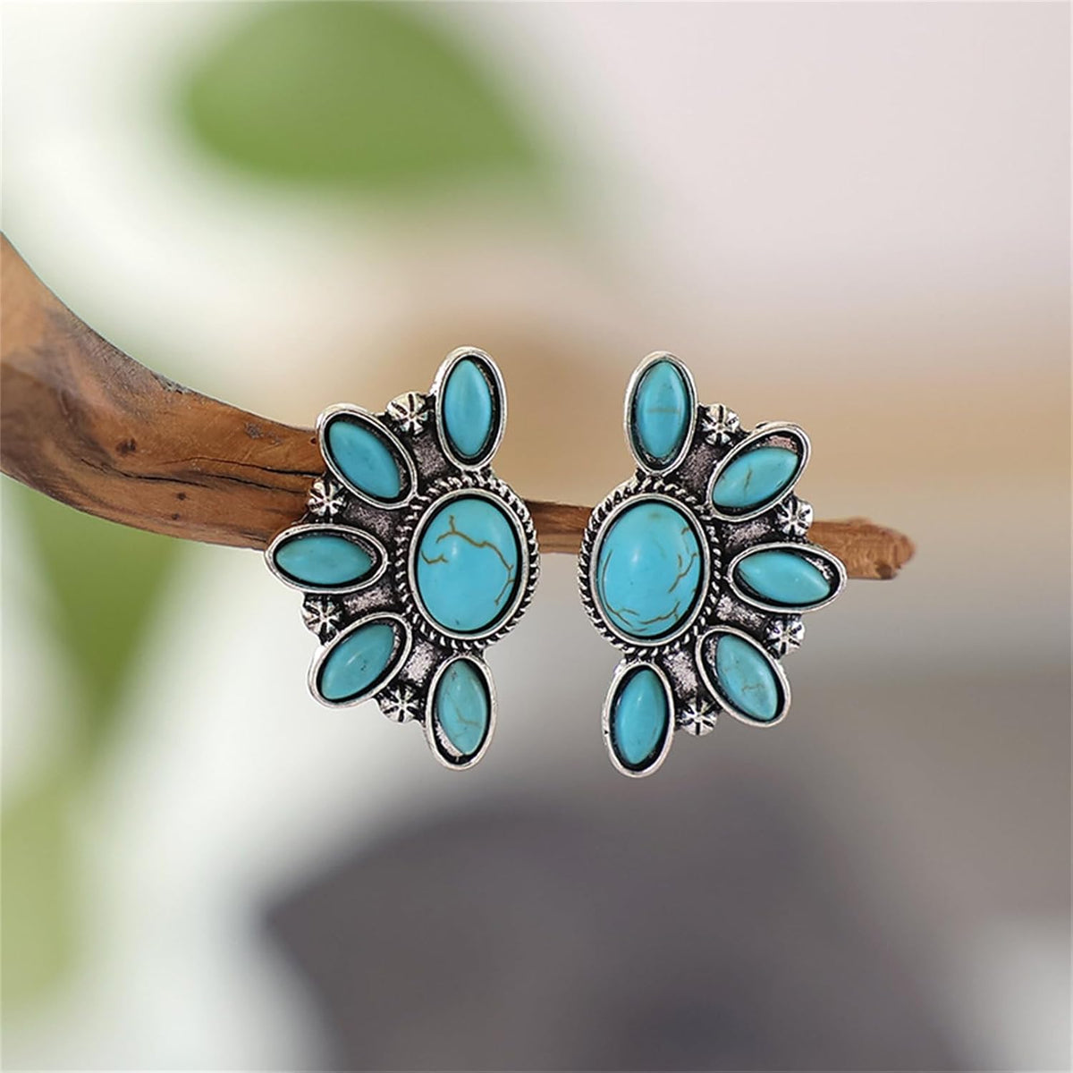 Bohemian Western Natural Turquoise Geometric Flower Drop Dangle Earrings Statement Cowgirl Ethnic Boho Earrings Ethnic Teardrop Stud Earring for Women