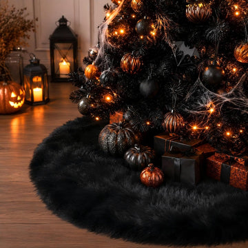 28 Inch Black Faux Fur Christmas Tree Skirt for Halloween Decorations