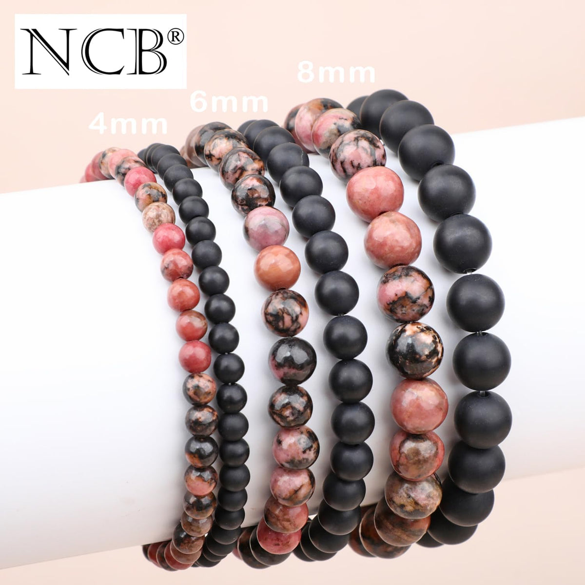 2-Piece 6mm Natural Crystal Gemstone Stretch Bracelets - Pink Black Rhodonite and Matte Black Agate - photo 5
