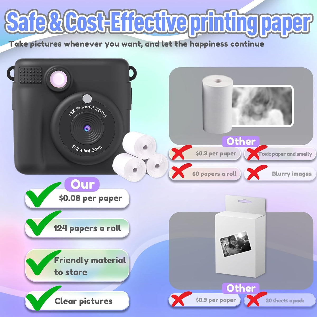 Kids Camera Instant Print, Christmas Birthday Gifts for Kids Age 3-12, Selfie Digital Camera with 1080P - photo 5