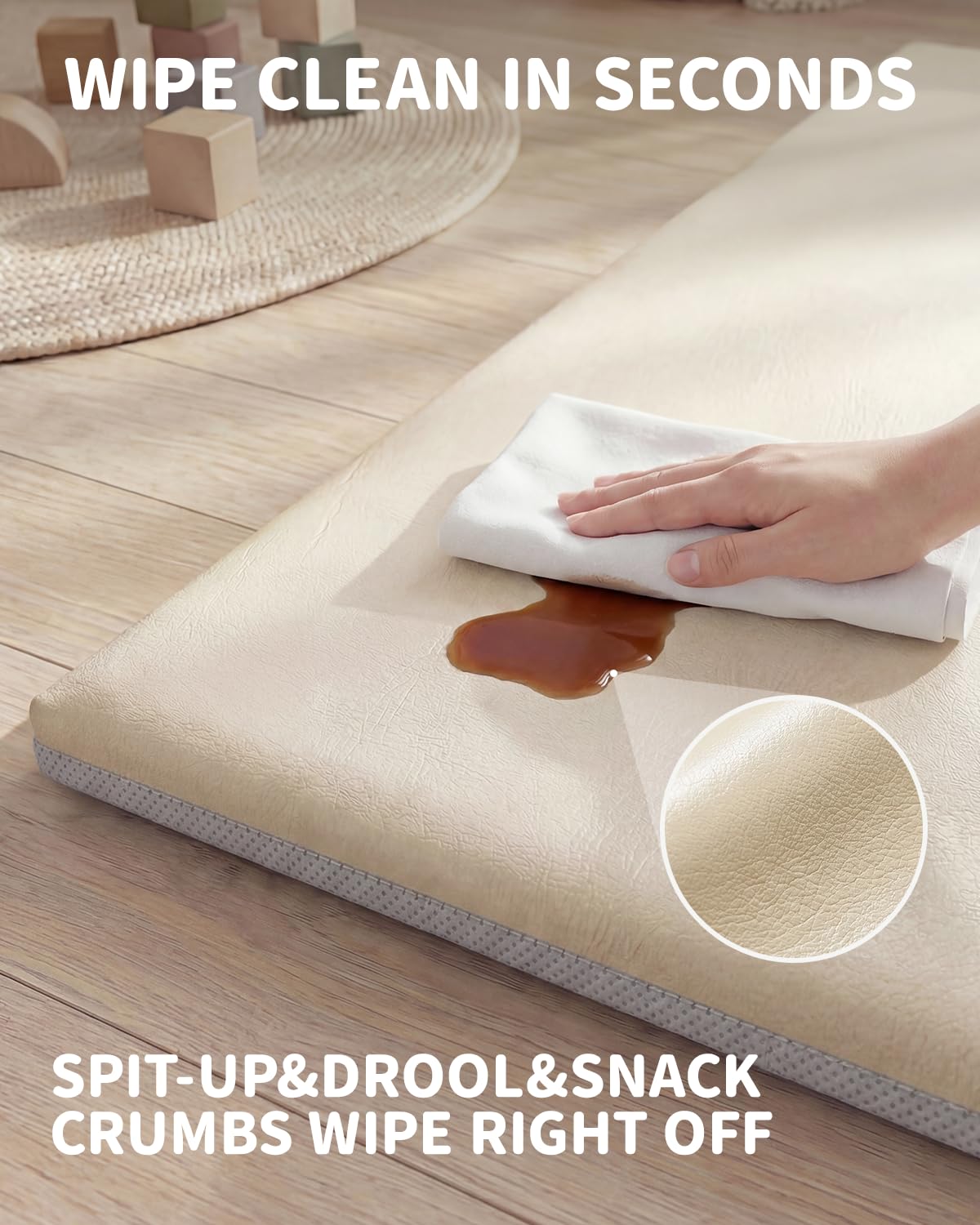 Baby Play Mat for Floor 50x50, 1.5” Thick Vegan Leather Crawling Mat with Removable Cover, Waterproof - photo 4