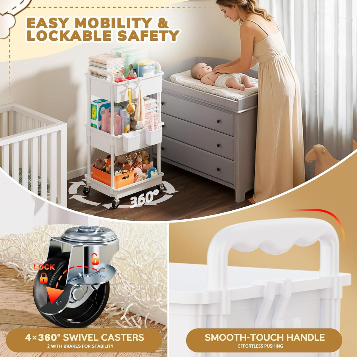 3-Tier White Rolling Diaper Cart with Lockable Wheels - photo 5