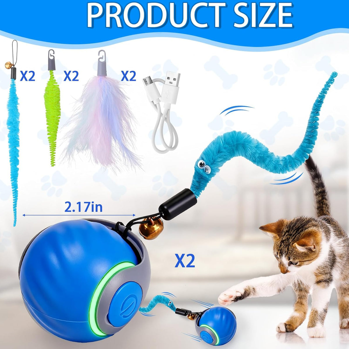 Rechargeable Interactive Cat Ball, 2 Speeds, 3 Tails, Blue - photo 5