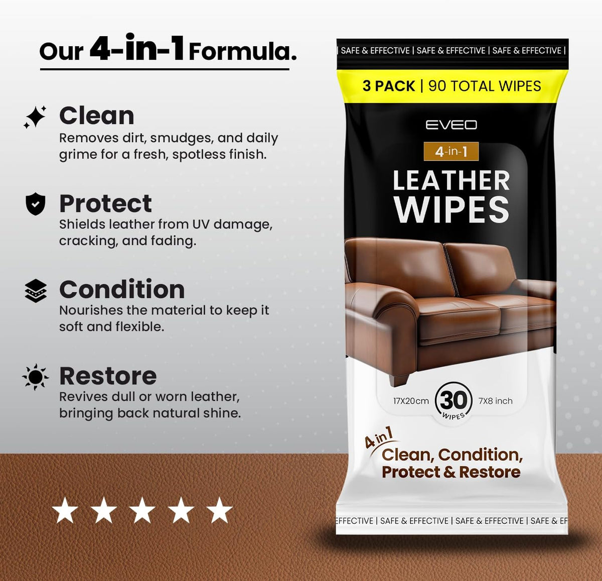 Leather Cleaner Wipes 4-in-1 Cleaner and Conditioner, 3 Pack (90 Total) - photo 5