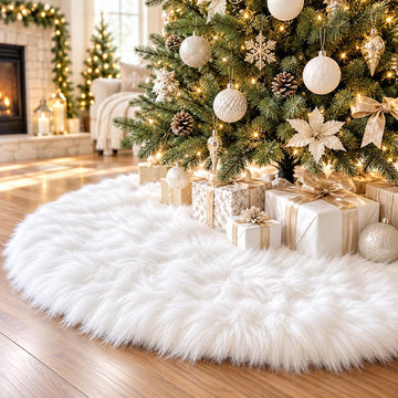 48 Inch White Faux Fur Christmas Tree Skirt, Plush Tree Base Cover for Holiday Party and Home Christmas Decor