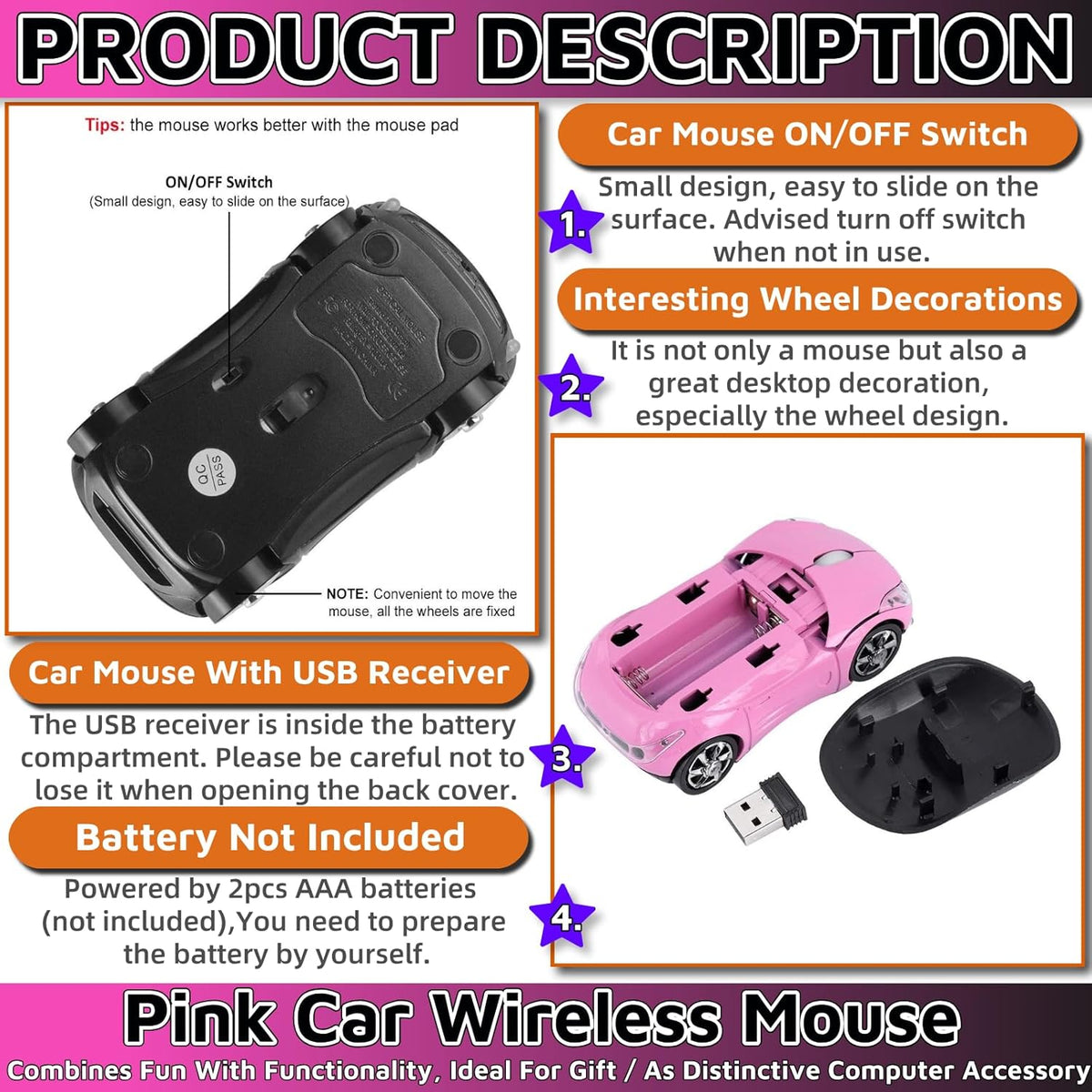 Pink 2.4G Wireless Car Mouse with USB Receiver - photo 5