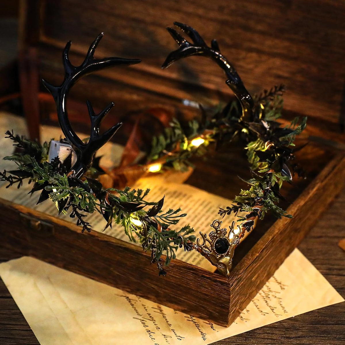Light-Up Black Antler Elf Crown Gothic Flower Headband - photo 5