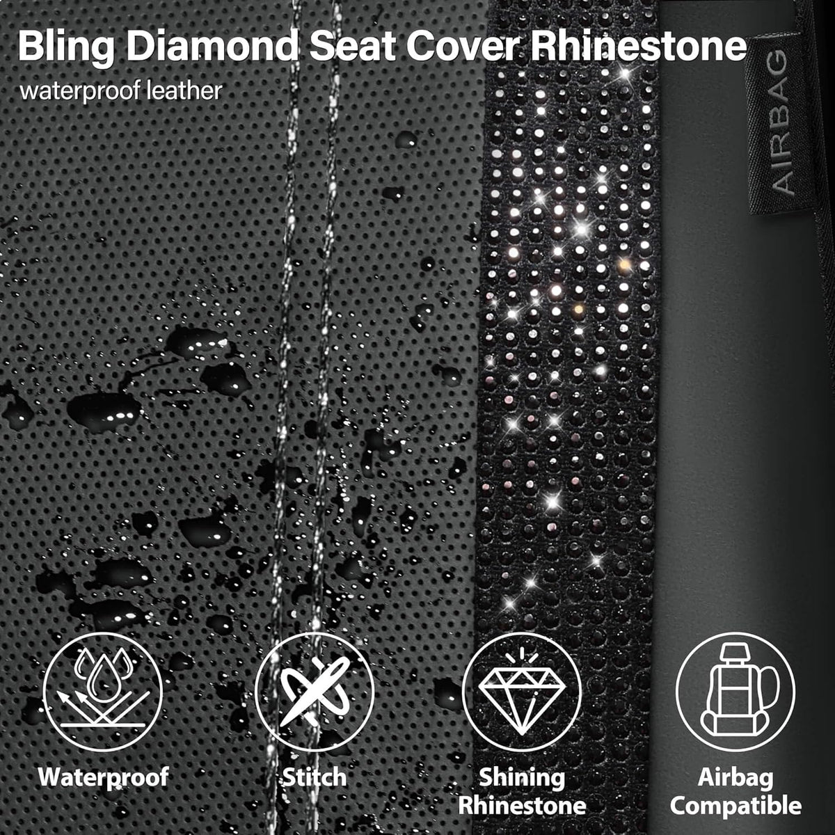 Leather Bling Diamond Car Seat Covers Full Set - Black Universal Fit - photo 5