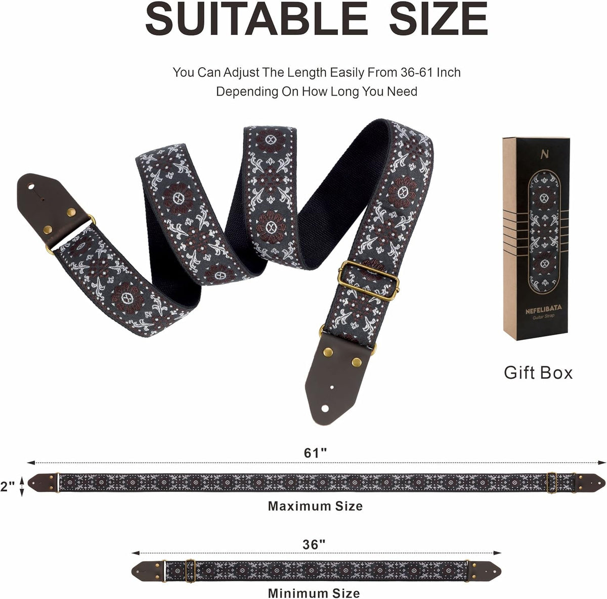 Guitar Strap,Jacquard Embroidery Cotton Guitar Straps with Crazy Horse Leather Ends for Bass, Electric & - photo 5