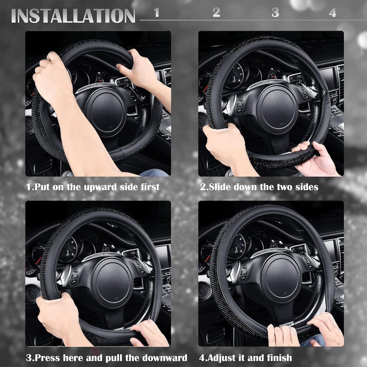 Black Diamond Rhinestone Leather Steering Wheel Cover - photo 5