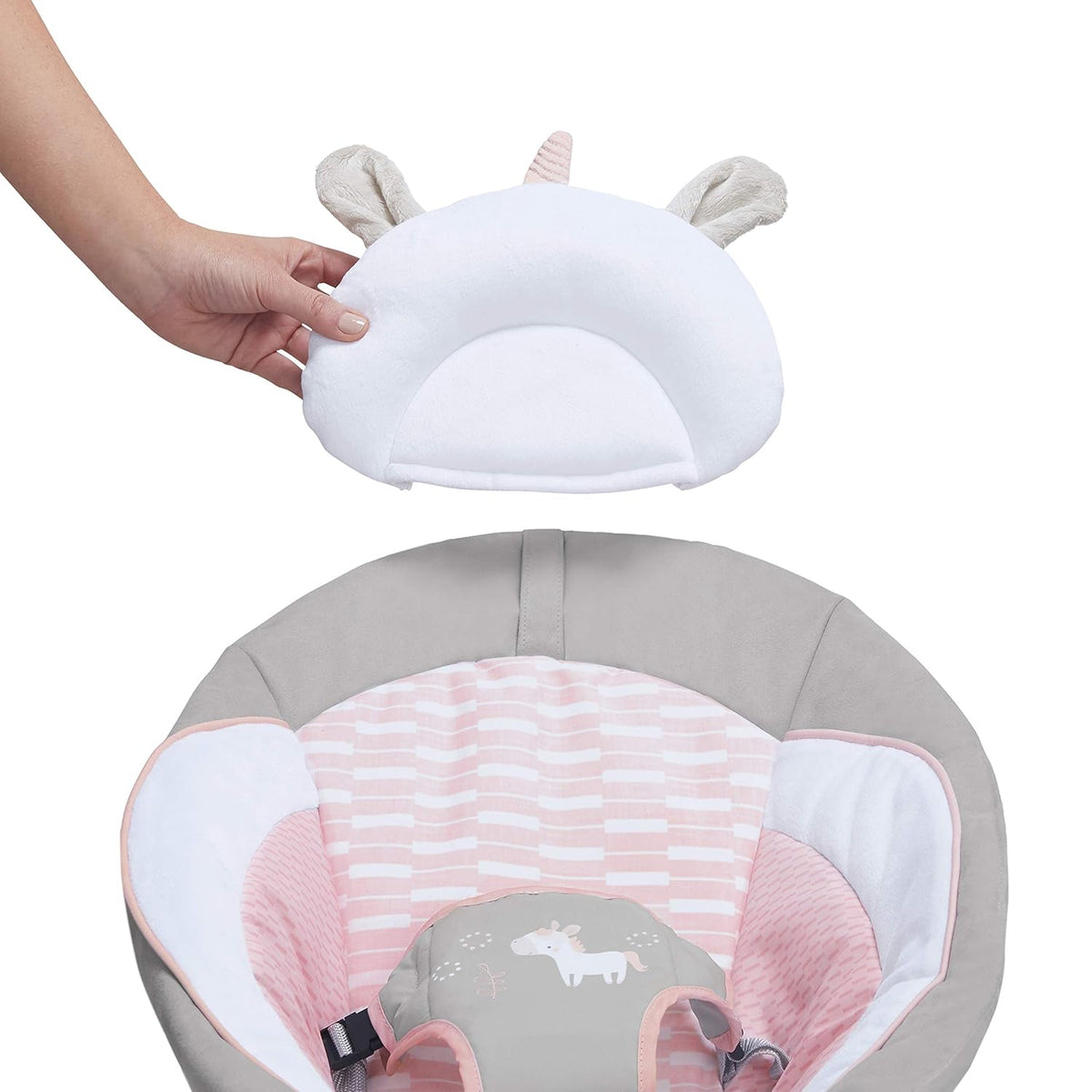 Soothing Baby Bouncer Infant Seat with Vibrations, Toy Bar & Sounds, Pink Unicorn, 0-6 Months - photo 5