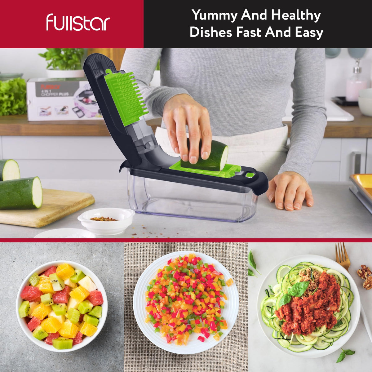 Fullstar 2-in-1 Vegetable Chopper in use chopping fresh vegetables into uniform pieces