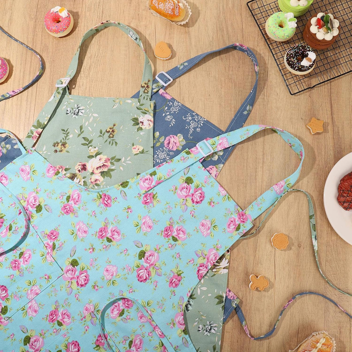 3 Pack Floral Adjustable Aprons with Pockets for Women - photo 5