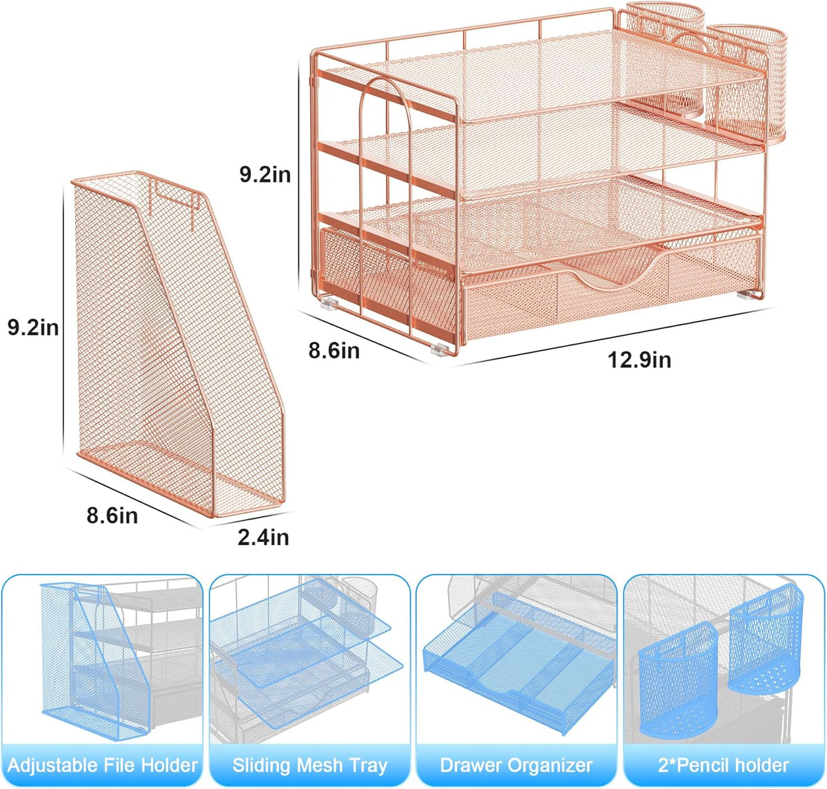 Rose Gold 4-Tier Desk Organizer with File Holder, Drawer and 2 Pen Holders - photo 5