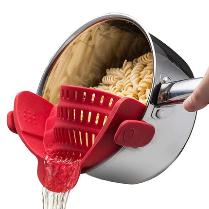 Universal Silicone Strainer Clip draining vegetables over sink hands-free use