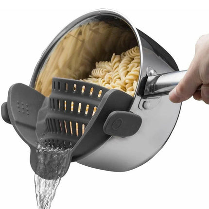 Universal Silicone Strainer Clip comparison showing compatibility with different cookware