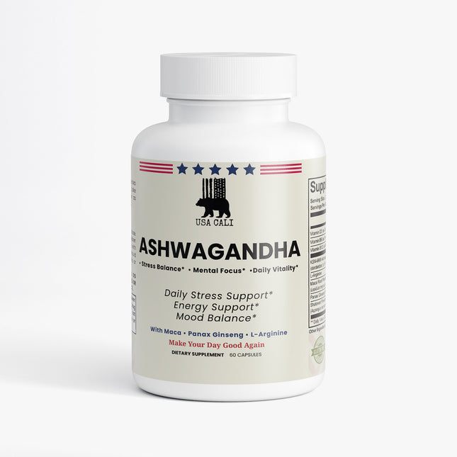 USA CALI Ashwagandha KSM-66 Stress & Vitality Support supplement bottle front label
