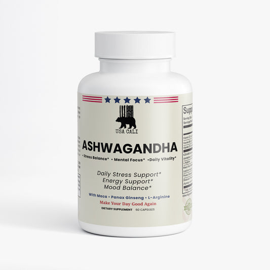 USA CALI Ashwagandha KSM-66 Stress & Vitality Support supplement bottle front label