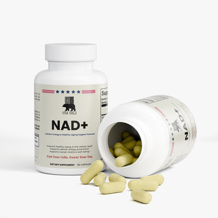 NAD+ supplement label showing 500mg dosage with Quercetin and Resveratrol – USA CALI Healthy Aging Formula