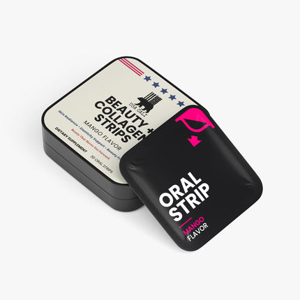 USA CALI BEAUTY + COLLAGEN STRIPS Mango Flavor - for Skin Radiance, Elasticity Support & Beauty From Within — Dissolvable Oral Strips, 100 mg Collagen Peptides + 6 mg Vitamin E, 30 Strips