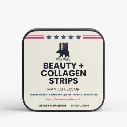 USA CALI BEAUTY + COLLAGEN STRIPS Mango Flavor - for Skin Radiance, Elasticity Support & Beauty From Within — Dissolvable Oral Strips, 100 mg Collagen Peptides + 6 mg Vitamin E, 30 Strips
