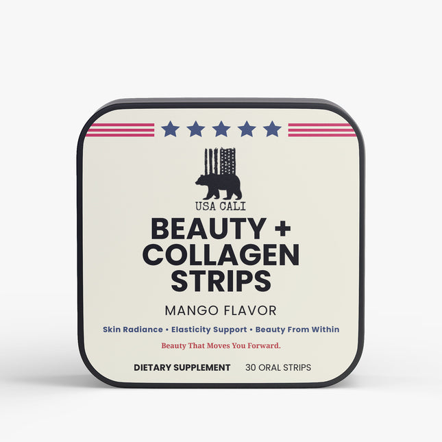 USA CALI BEAUTY + COLLAGEN STRIPS Mango Flavor - for Skin Radiance, Elasticity Support & Beauty From Within — Dissolvable Oral Strips, 100 mg Collagen Peptides + 6 mg Vitamin E, 30 Strips