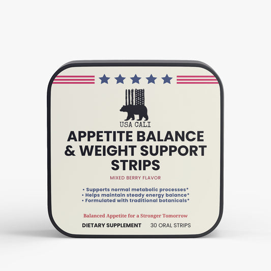 USA CALI Appetite Balance Weight Support Strips Mixed Berry oral dissolving strips front label