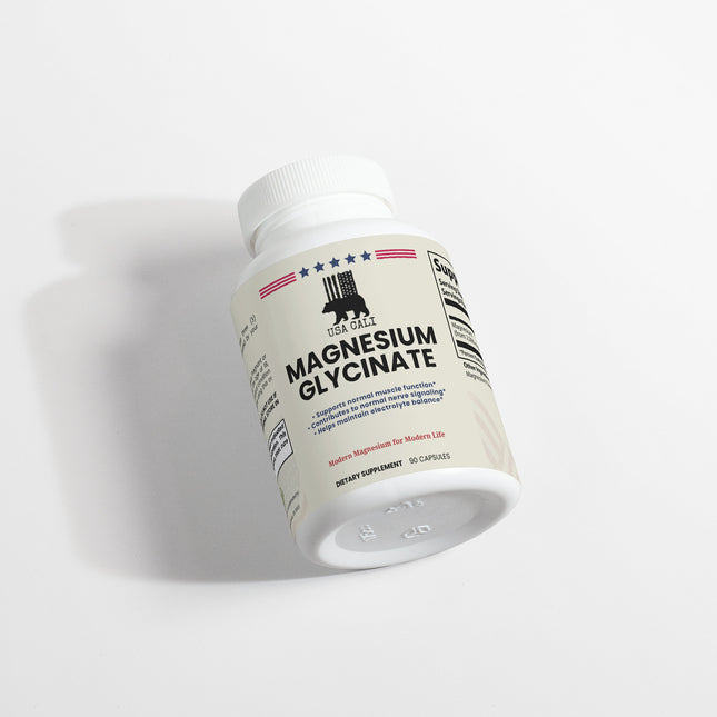 USA CALI Magnesium Glycinate supplement facts panel – 2500mg magnesium glycinate per serving, made in USA