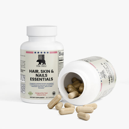 USA CALI Hair Skin Nails supplement label showing Biotin herbal botanicals ingredients – Made in USA