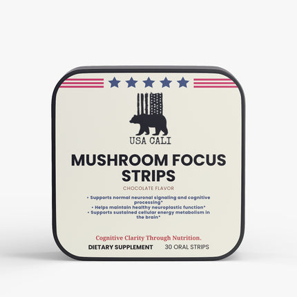Mushroom Focus Strips supplement label front view with dosage information
