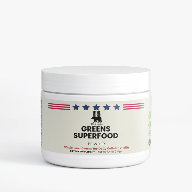USA CALI Green Superfood Powder with Spirulina and Barley Grass – front label view 4.44 oz