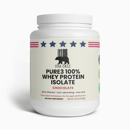 USA CALI Pure3 100% Whey Protein Isolate Chocolate 700g front label - Made in USA