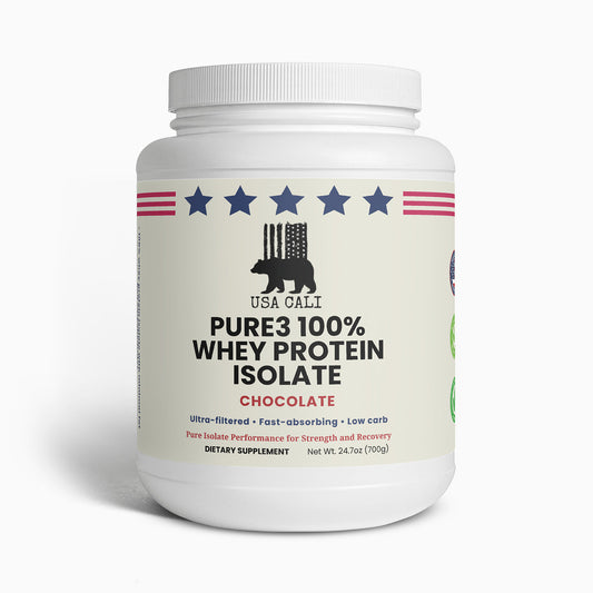 USA CALI Pure3 100% Whey Protein Isolate Chocolate 700g front label - Made in USA