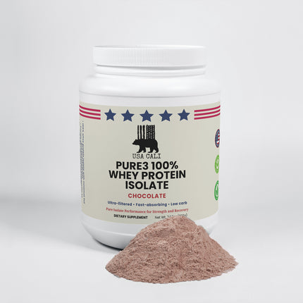 USA CALI Pure3 Chocolate Whey Isolate supplement facts and nutrition label 24.7oz