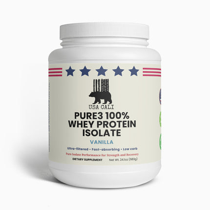 USA CALI Pure3 100% Whey Protein Isolate Vanilla front label 24.1 oz made in USA