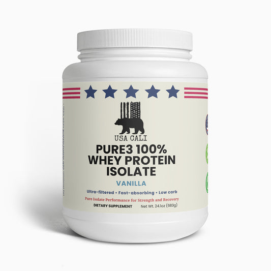 USA CALI Pure3 100% Whey Protein Isolate Vanilla front label 24.1 oz made in USA