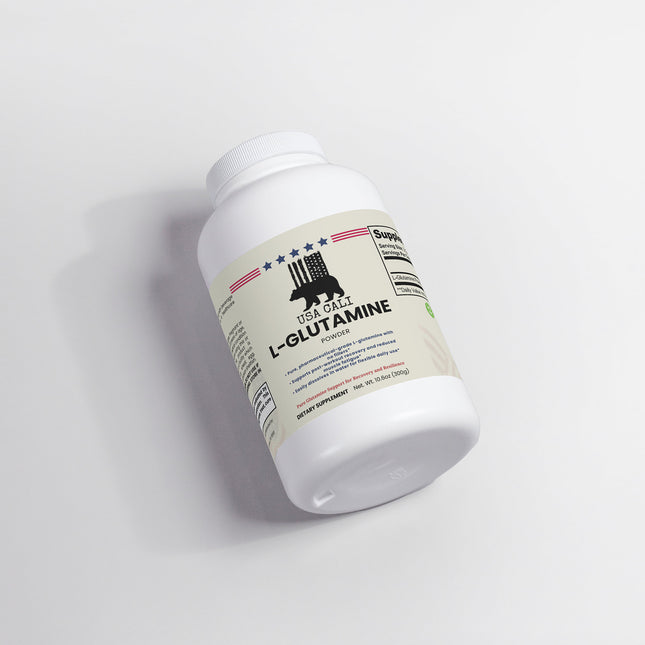 USA CALI L-Glutamine Powder label showing pure pharmaceutical-grade ingredients 300g