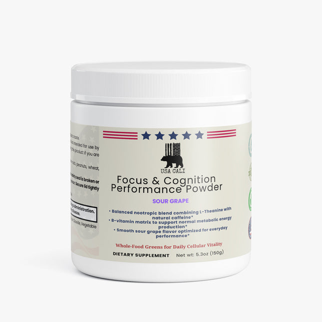 USA CALI Focus & Cognition Performance Powder Sour Grape nootropic supplement 150g front label