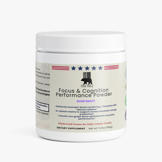 USA CALI Focus & Cognition Performance Powder Sour Grape nootropic supplement 150g front label