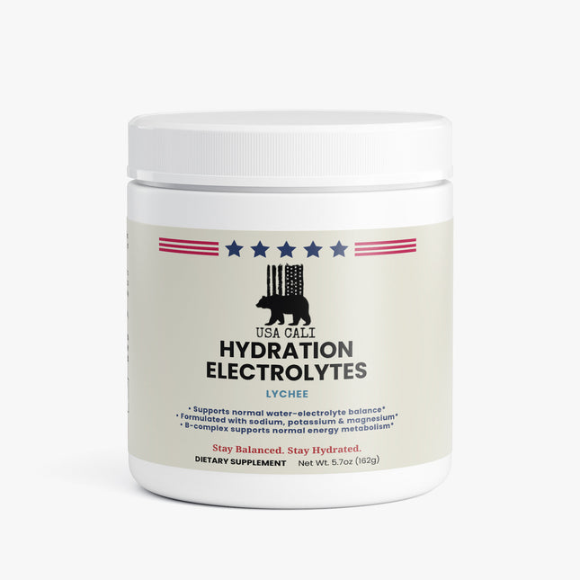 USA CALI Hydration Electrolytes Powder Lychee front label 5.7 oz caffeine-free keto friendly