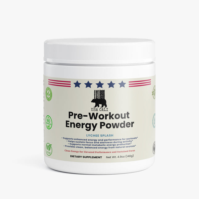 USA CALI Pre-Workout Energy Powder Lychee Splash front label 4.9oz sugar-free caffeine L-Theanine