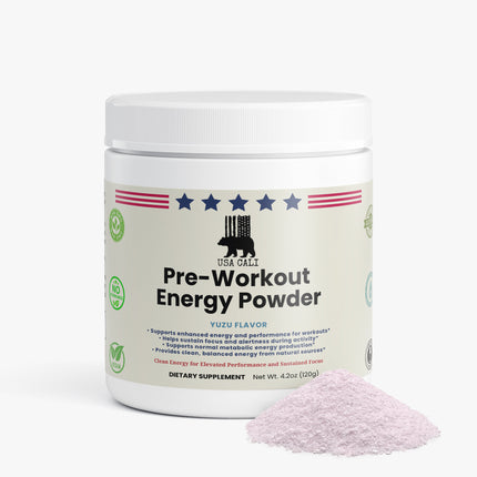 USA CALI Pre-Workout Energy Powder Yuzu Flavor side label showing B-Vitamins and electrolytes