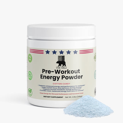 USA CALI Pre-Workout Energy Powder Cotton Candy balanced caffeine L-Theanine side panel view