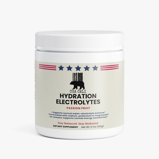 USA CALI Hydration Electrolytes Powder Passion Fruit front label 5.7 oz sugar-free drink mix