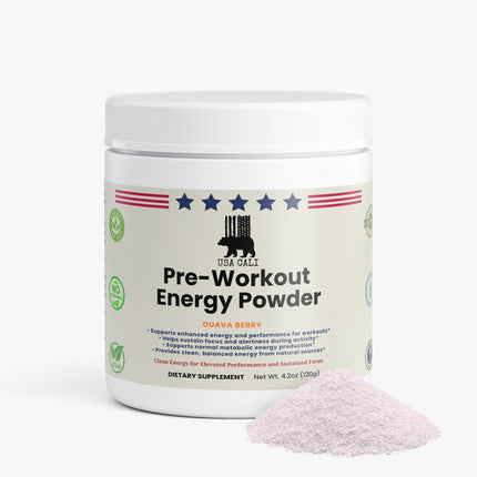 USA CALI Pre-Workout Guava Berry side label showing Caffeine and L-Theanine blend