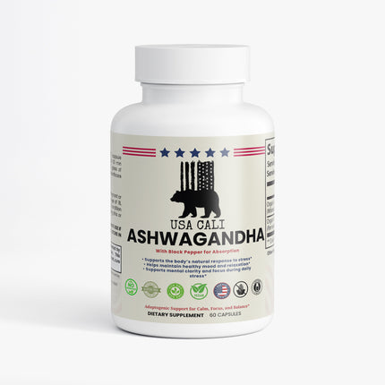 USA CALI Ashwagandha Capsules – Organic Withania Somnifera Root with Black Pepper for Stress Relief, Cortisol Balance & Adaptogen Support – 60 Veggie Caps – Made in USA