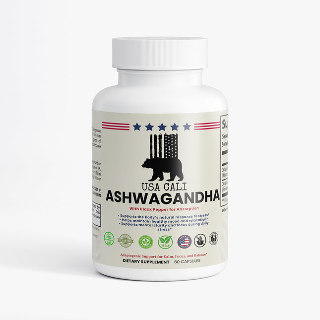 USA CALI Ashwagandha Capsules – Organic Withania Somnifera Root with Black Pepper for Stress Relief, Cortisol Balance & Adaptogen Support – 60 Veggie Caps – Made in USA