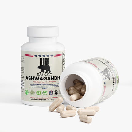 USA CALI Ashwagandha Capsules – Organic Withania Somnifera Root with Black Pepper for Stress Relief, Cortisol Balance & Adaptogen Support – 60 Veggie Caps – Made in USA