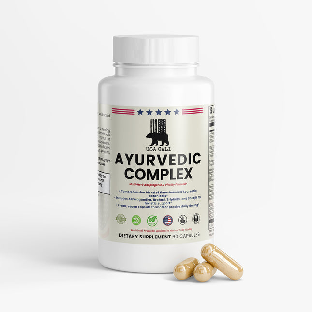 USA CALI Ayurvedic Complex Capsules – Ashwagandha, Turmeric, Holy Basil, Brahmi, Shilajit & Triphala Multi-Botanical Blend for Balance, Vitality & Holistic Wellness – 60 Caps – Made in USA