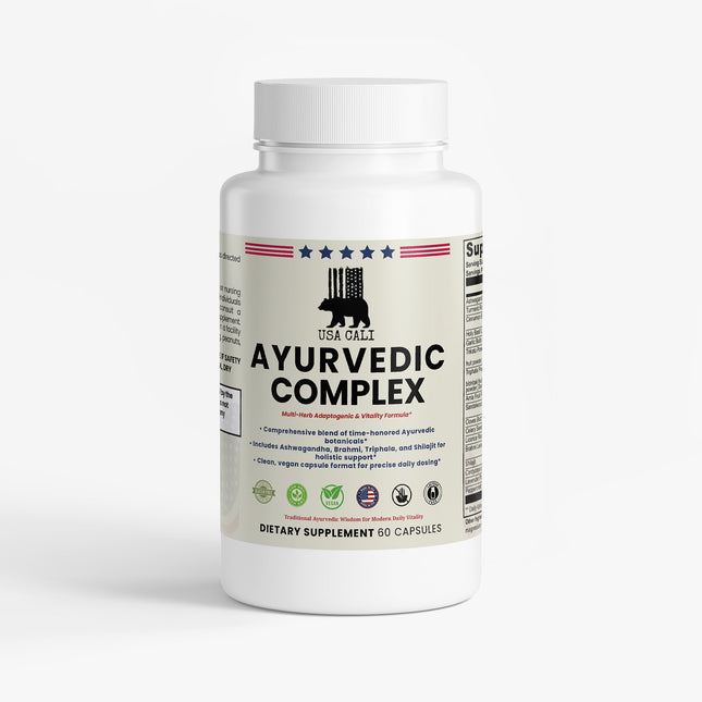 USA CALI Ayurvedic Complex Capsules – Ashwagandha, Turmeric, Holy Basil, Brahmi, Shilajit & Triphala Multi-Botanical Blend for Balance, Vitality & Holistic Wellness – 60 Caps – Made in USA